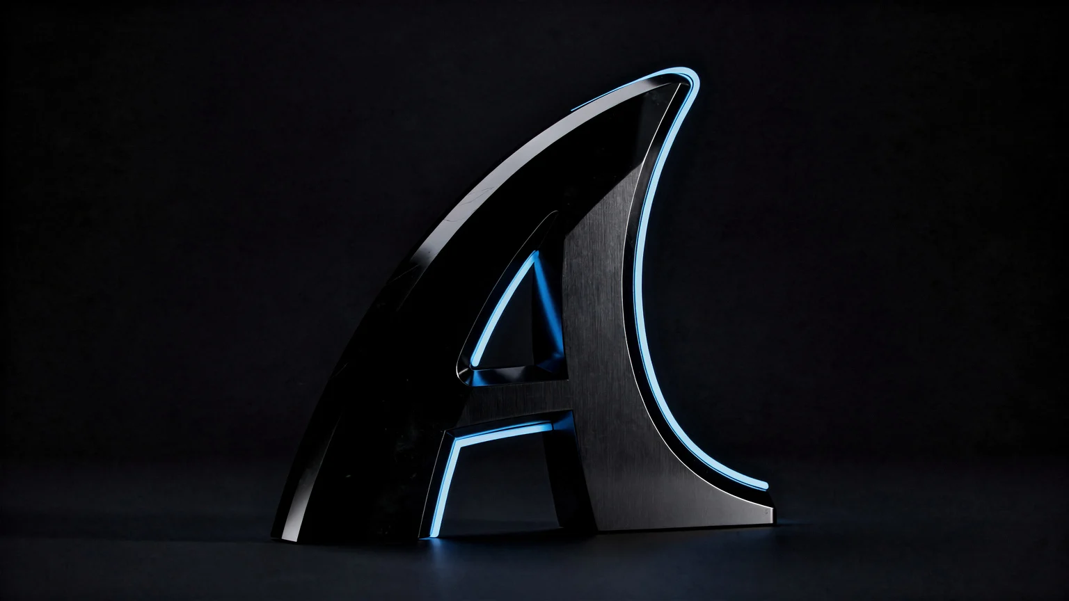 The GameShark Labs shark-fin mark as an obsidian sculpture with a sky-blue edge glow.