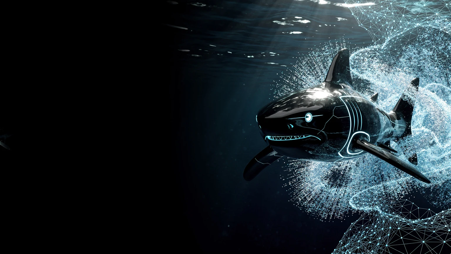 A sculptural obsidian shark charging through a sky-blue digital ocean.